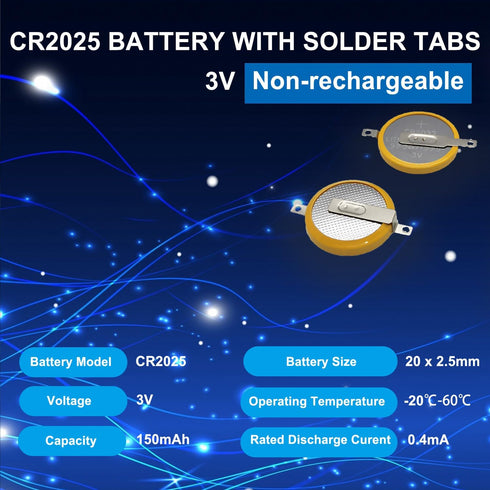 5 Pack 3V Tabbed CR2025 Batteries 2025 Gameboy Cartridge Battery Solder Tabs Lithium Battery Gameboy Color GBC Replacement Battery