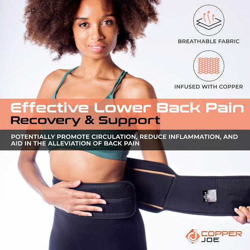 Copper Joe Back Brace for Lower Back Pain Relief, Adjustable Black Velcro Lumbar Support Belt for Sciatica