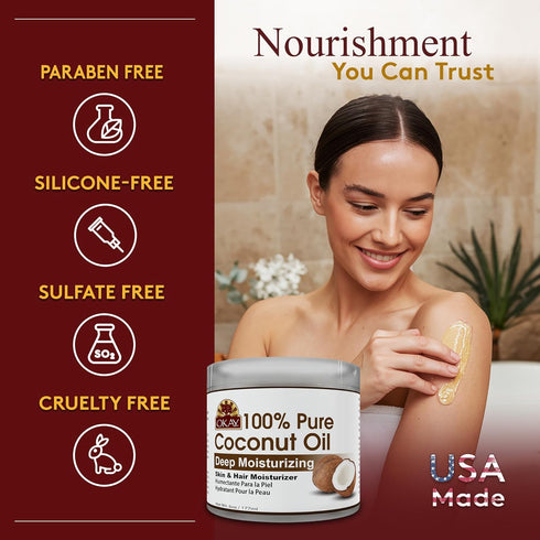 Okay 100% Pure Coconut Oil for Hair & Skin, Natural Massage Oil & Moisturizer, 6 fl oz Jar (Pack of 1)