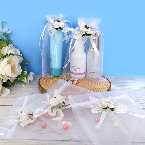 SumDirect 50Pcs Rose Organza Gift Bags, 5x7 inch White Wedding Favor Bags, Jewelry Pouches with Drawstring