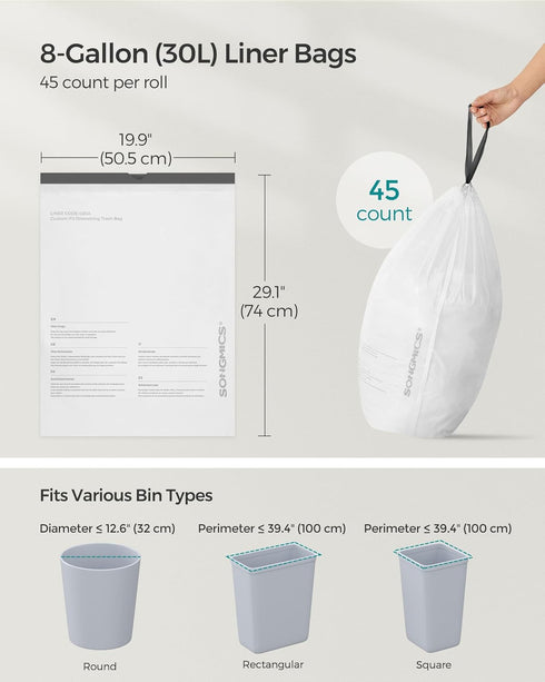 SONGMICS Trash Bags for 8-Gallon (30L) Trash Cans, 45 Count Drawstring Kitchen Garbage Bags, Liner Code 30A