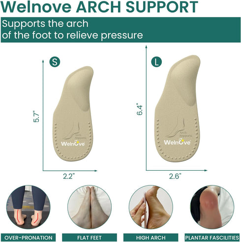 Welnove Arch Support Inserts for Plantar Fasciitis - Self Adhesive Gel Arch Supports for Flat Feet and Foot Pain Relief
