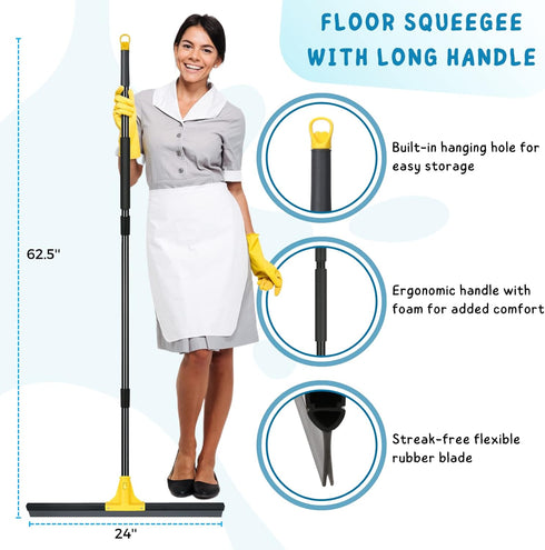 Floor Squeegee for Concrete and Tile Cleaning - 24'' Heavy Duty Rubber Scraper with 60'' Long Handle
