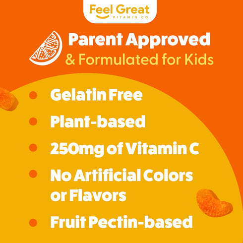 Feel Great Vitamin C Gummies for Kids | Chewable Orange Flavored Gluten Free Gummies | 250 MG Kids Vitamin C