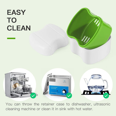 Denture Cup Bath Box Case with Strainer, Dental Retainer Cleaning Container, Light Green