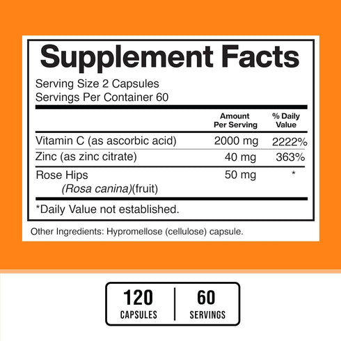 American Standard Supplements Vitamin C 2000mg, Zinc 40mg, Rose HIPS 50mg Per Serving – Vegan, Gluten Free, Non-GMO