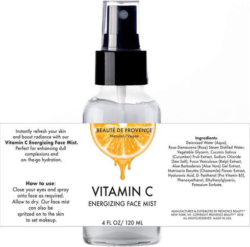 Vitamin-C Face Mist & Setting Spray, 4 Fl Oz for All Skin Types - Hyaluronic Acid, Aloe Vera & Rose Water
