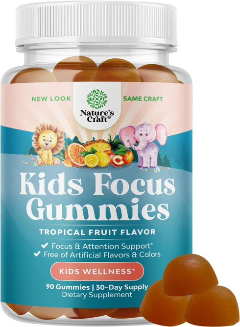 Vegan Brain Focus Gummies for Kids, 40 Count - Kids Focus Supplement with Phosphatidylserine & More