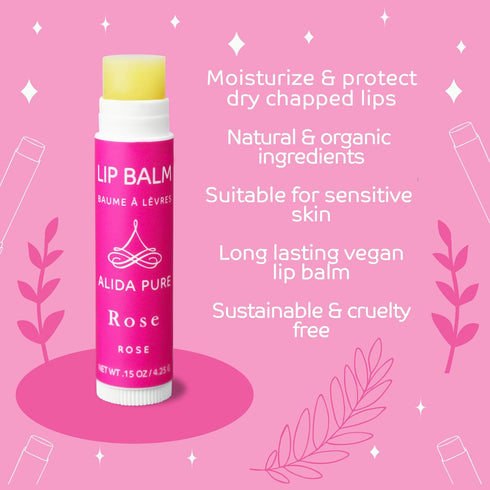 Rose Lip Balm Collection, Vegan Set, Beeswax Free, with Organic Jojoba & Avocado Oil, 3 Tube Set