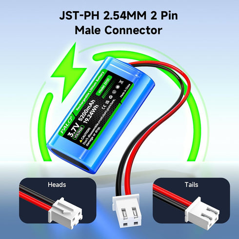 Mspalocell 5200mAh 3.7v 2.54/2P 2.0 2-Pin) Pack 3.7 Equipment(1S2P) Lithium ion Battery with JST-PH JST Plug(Not JST-PH