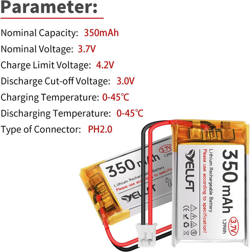 YELUFT 2pcs 3.7V 350mAh 1S 1C 702030 PH2.0 Lithium Polymer Battery Rechargeable Batteries with Protective Board