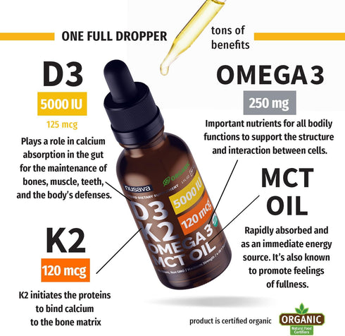 (4 Pack) Organic Vitamin D3 K2 Drops w MCT Oil Omega 3, 5000 IU, Maximum Strength Liquid for Immune Support