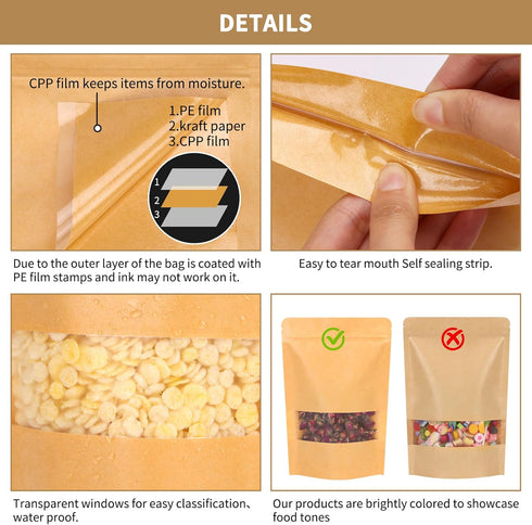 Moretoes 72pcs Kraft Paper Resealable Bags, 5.9x8.6 Inches Stand Up Pouches for Food Packaging, Ziplock Coffee Bags