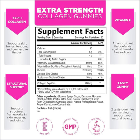 Collagen Peptides Gummies for Women & Men - Collagen Protein with Biotin, Extra Strength Hydrolyzed Collagen Peptides Gummy Supplement for Hair, Skin & Nails & Joint Support, Non-GMO - 60 Gummies