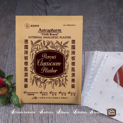 Chilli Brand External Plaster Porous Capsicum Plaster for Minor Aches and Pain Relief, HOT Patch, 7" x 4.5" Sheet (12