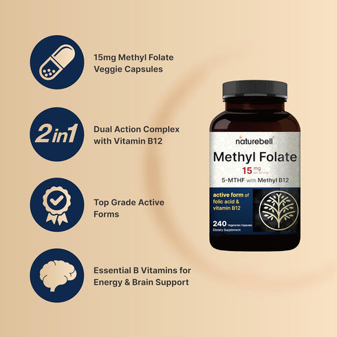 NatureBell L Methylfolate 15mg, 240 Veggie Capsules - 5-MTHF with Methyl B12 1,000mcg for Energy Support