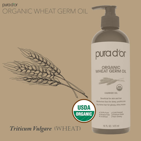 PURA D'OR 16 Oz ORGANIC Wheat Germ Oil - 100% Pure & Natural Cold Pressed Carrier Oil, Vitamin E Rich for Healthy Hair