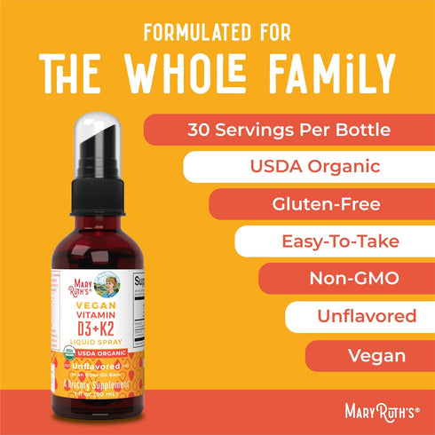 MaryRuth Organics Vitamin D3 K2 Spray, Vegan Liquid Supplement for Adults & Kids, Calcium Absorption, 1 Fl Oz