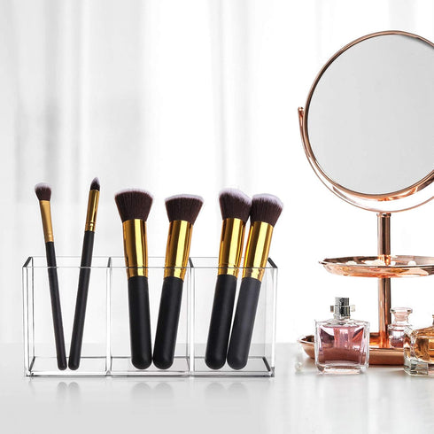Makeup Brush Holder Organizer, Clear Cosmetic Brushes Container with 3 Slots for Vanity Storage