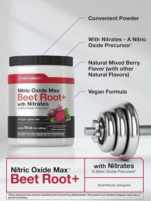 Horbaeach Nitric Oxide Beet Root Powder, 16 oz (454g), Mixed Berry Flavor, Vegan, Non-GMO, Gluten Free Supplement