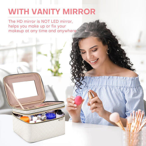 Large Makeup Bag with Mirror, Double Layer Travel Organizer Case, Large Capacity with Brush Slot Divider
