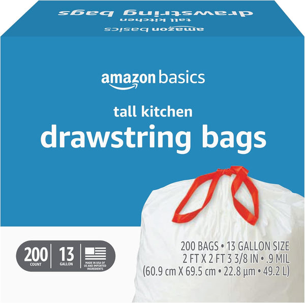 Amazon Basics Tall Kitchen Drawstring Trash Bags (13 Gallon, 200 Count) - Pack of 1, Unscented