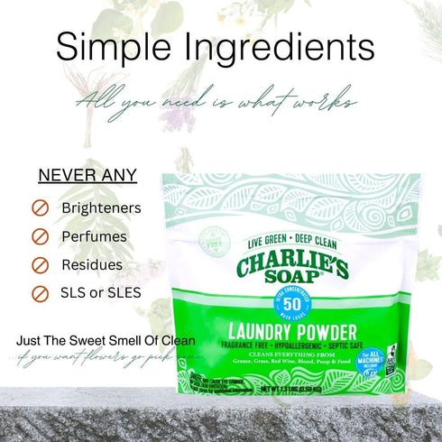 Charlie’s Soap Laundry Powder, 50 Loads (1 Pack) | Hypoallergenic, Eco-Friendly Deep Cleaning Washing Powder