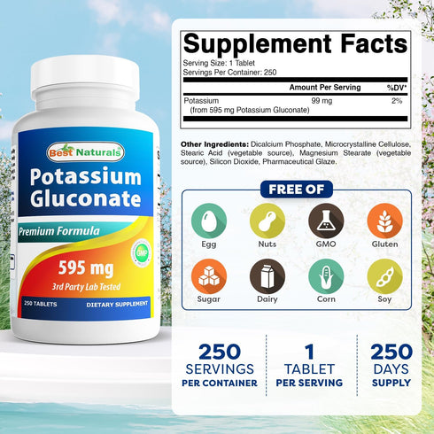 Best Naturals 250 Count Potassium Gluconate Supplement 595 Mg Tablet