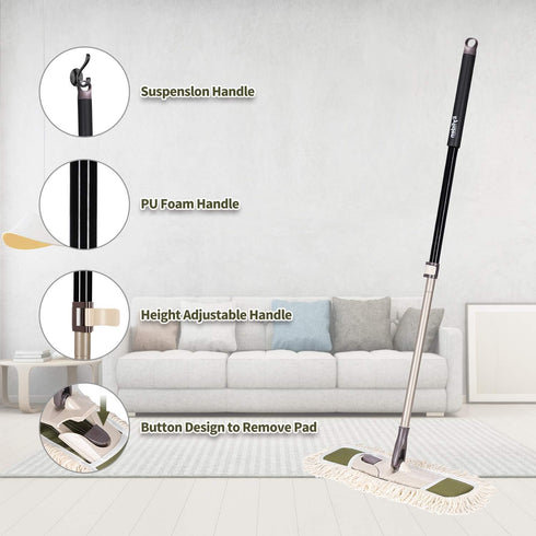 Eyliden Dust Mop with 2 Reusable Washable Pads, Height Adjustable Handle for Wet & Dry Floor Cleaning