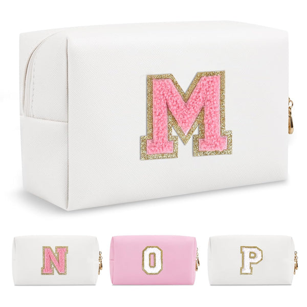 Personalized Initial A-Z Makeup Bag, Small PU Leather Travel Pouch, White Cute Toiletry