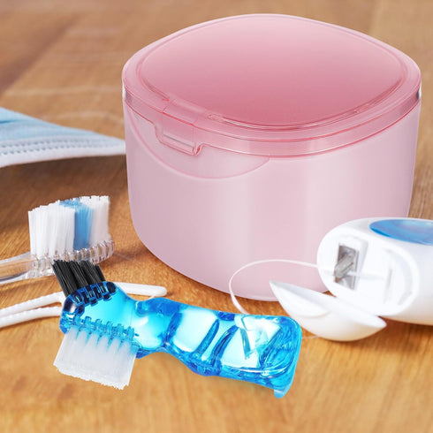 FOMIYES Leak-Proof Bath with Cleaner Brush and Retainer Holder Box, Complete Clean Care for Dentures, Braces (Pink)