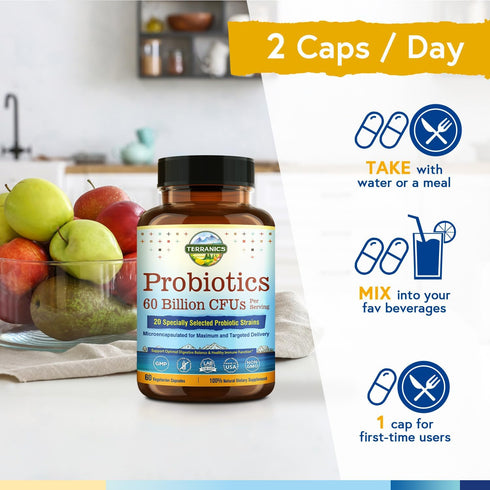Terranics Probiotics 60 Billion CFU - 20 Strains, 60 Veg Capsules, Shelf Stable Supplement for Digestive Health