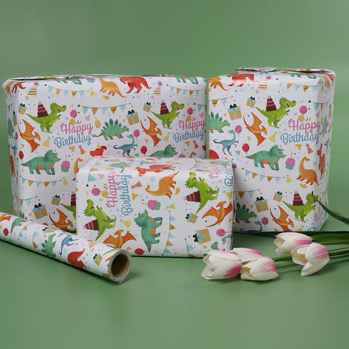 Wrap,17 inch 120 inch RayofSun Gift Wrapping Paper Roll,Cute Dinosaurs Happy Birthday Wrapping Paper for Boys,Wrapping