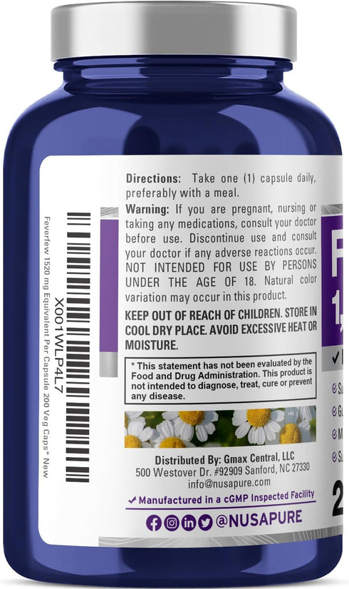 NusaPure 1520mg Feverfew Vegetarian Caps, 200 Count (Extract 4:1, Non-GMO, Gluten Free)