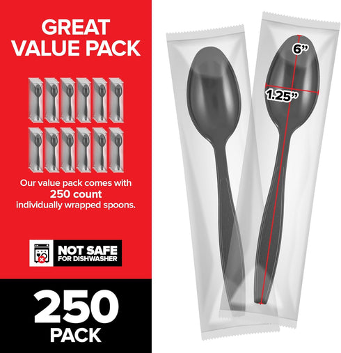 Stock Your Home Individually Wrapped Spoons, 250 Count Heavyweight Plastic Spoons, Plasticware Disposable Spoons Bulk Pack, Individual Wrapped Spoons, Heavy Duty Plastic Utensils for Party Supplies