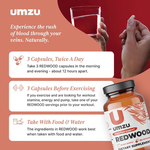 UMZU Redwood Nitric Oxide Supplement, Natural Blood Flow Support with Vitamins, Garlic & L-Leucine, 30 Day Supply (180