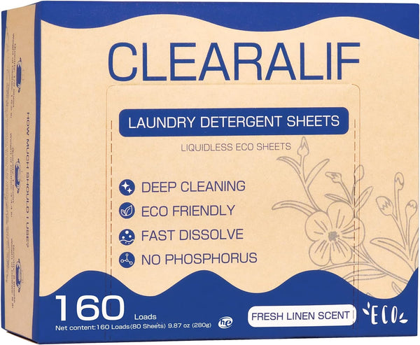 CLEARALIF Laundry Detergent Sheets, Fresh Linen, Up to 160 Loads - Eco Friendly, Hypoallergenic, Great for Travel