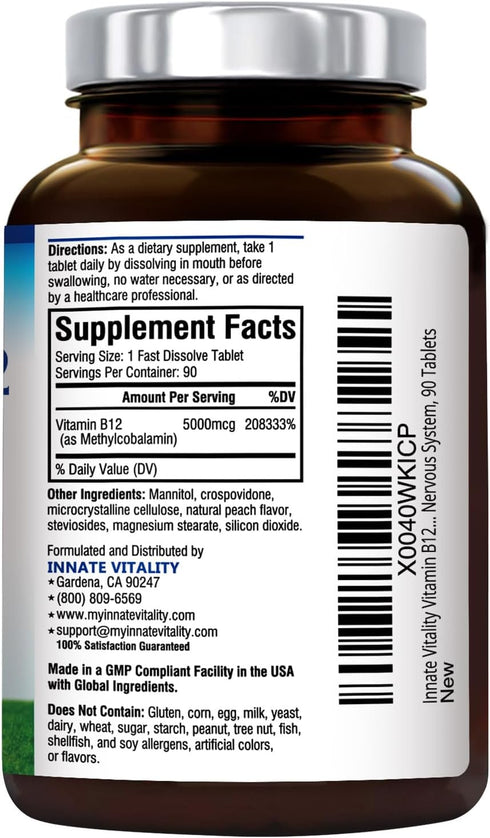 Innate Vitality Vitamin B12 5000mcg, Vegan Methylcobalamin, Fast Dissolve Tablets, Natural Peach Flavor, 90 Tablets