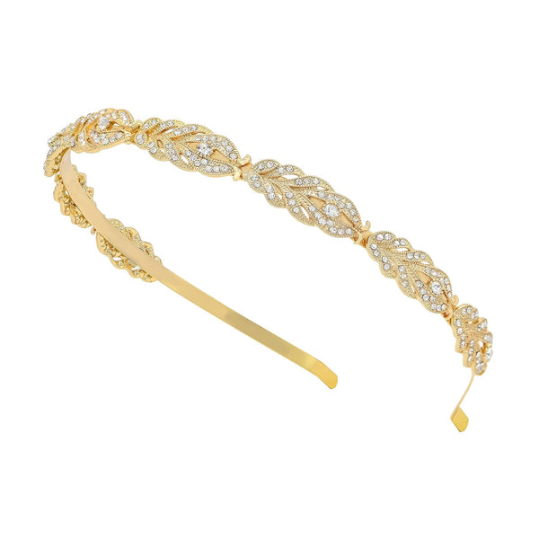 Oriamour Bridal Headband - Simple Flower Design Rhinestone Crystal Headpieces, Gold