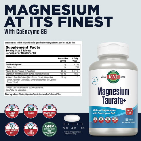 KAL Magnesium Taurate 400mg Plus Vitamin B6, Chelated Magnesium Supplement, High Absorption Complex, 60-Day Guarantee