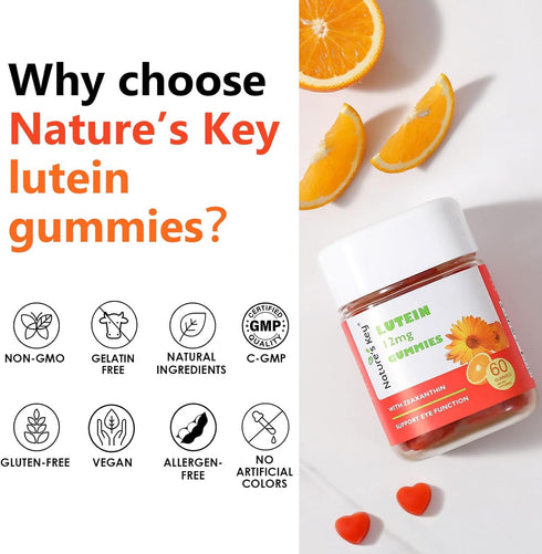 Nature's Key Lutein Gummies 12mg with Zeaxanthin & Vitamin A - Eye Health and Brain Function Supplement - 60Ct