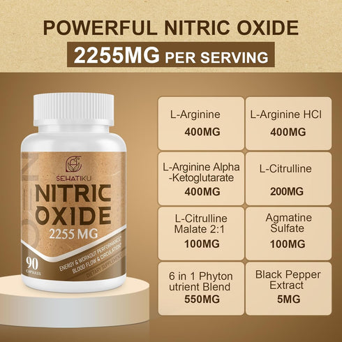Nitric Oxide Supplement 2255 MG with 6-in-1 Phytonutrient Blend for Heart & Circulation, 90 Capsules