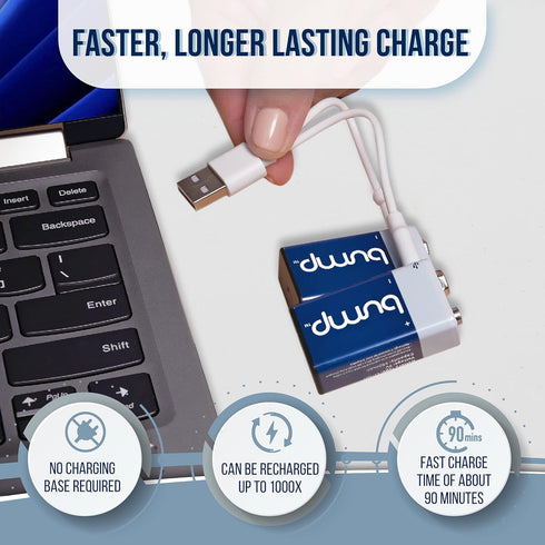 Bump 9 Volt Rechargeable Batteries, 2 Pack, Lithium Ion, High Output, USB Charge for Smoke Alarms