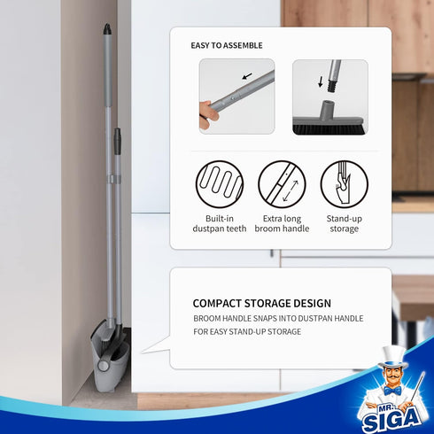 MR.SIGA Gray Broom and Dustpan Set with Adjustable Long Handle, Upright Combo for Floor Cleaning Lobby