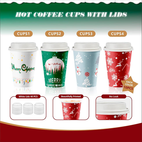 WOWSOLID 12 oz, 40 Pack Christmas Disposable Coffee Cups with Lids To Go Coffee Cups, Holiday Paper Cups for Hot