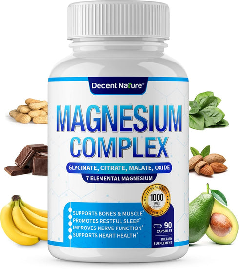 Magnesium Complex 1000mg, 90 Capsules - 7 Elemental Magnesium Supplement with Glycinate, Citrate, Malate & More