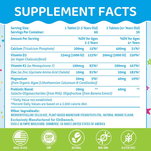 500 MG Calcium Supplement with Vitamin D3 & K2 - Kids Vitamins for Height, High Absorption, 120 Chewable Tabs