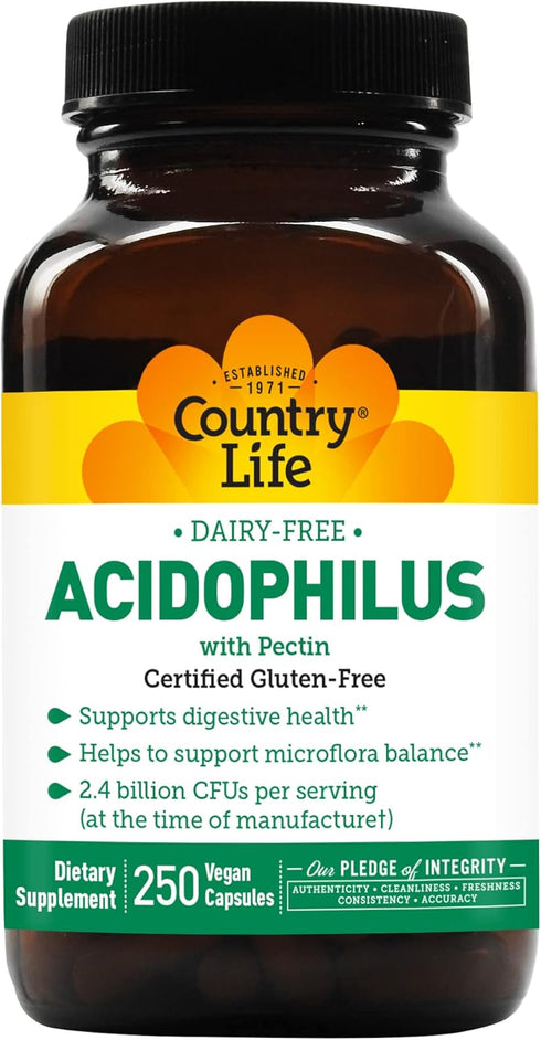 Country Life Dairy-Free Acidophilus with Pectin | 2.4 Billion CFUs | 250 Vegan Capsules, Certified Gluten Free & Vegan