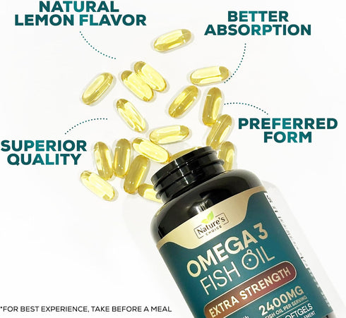 Triple Strength Omega 3 Fish Oil, 2400 mg Supplement - 60 Softgels for Brain & Heart Health Support