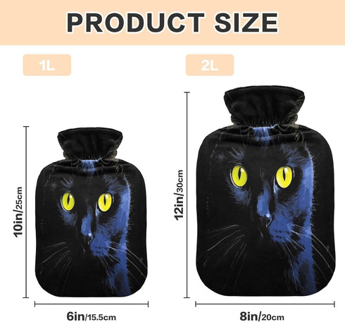 YETTASBIN 2L Black Cat Hot Water Bottle, Transparent Leakproof Hot Water Bag Washable Heat Resistant Water Bottle